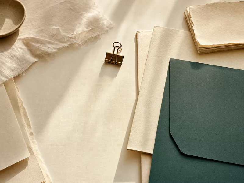 Warm still life of blank cream papers, a green folder, and a brass clip on an ivory worktable