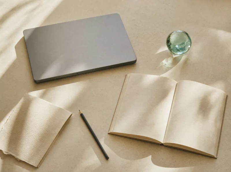 Warm still life of a closed blank laptop, open blank notebook, pencil, and green glass paperweight