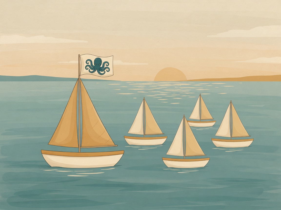 A warm illustration of a small flotilla of sailboats in neat formation on calm teal water at dawn, the lead boat flying a small octopus flag