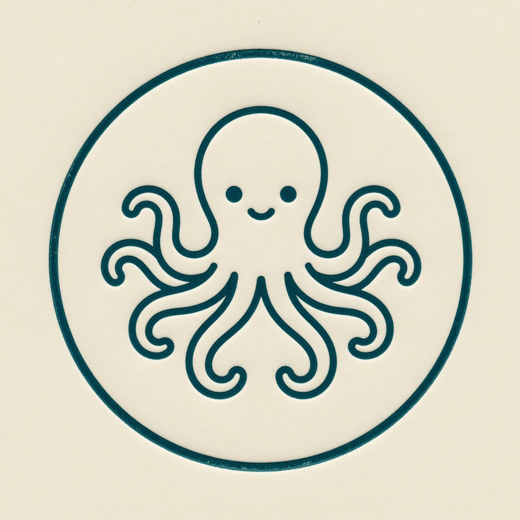 A minimal letterpress-style emblem: a friendly octopus in a thin teal circle on cream paper
