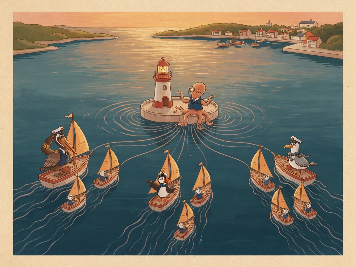 An illustrated harbor scene: an octopus on a central lighthouse dock directing three small fleets of boats — an org chart drawn as a harbor