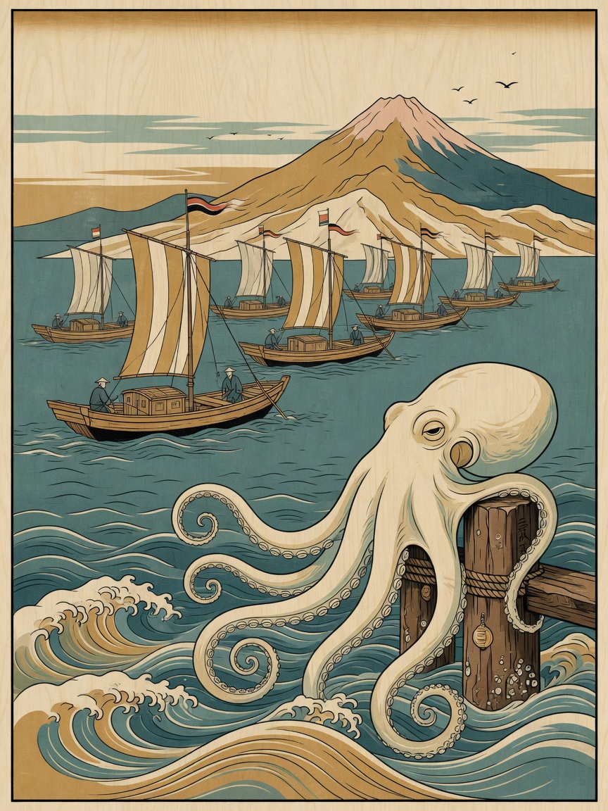 A woodblock-print style illustration: a serene octopus resting on a harbor post as a fleet of small boats heads out in formation