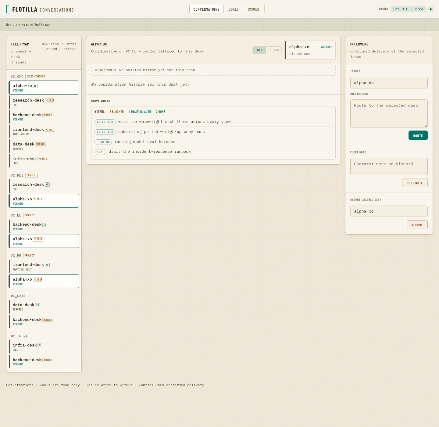 The dashboard after the warm-light redesign: parchment conversations view, wide thread, live desk rail