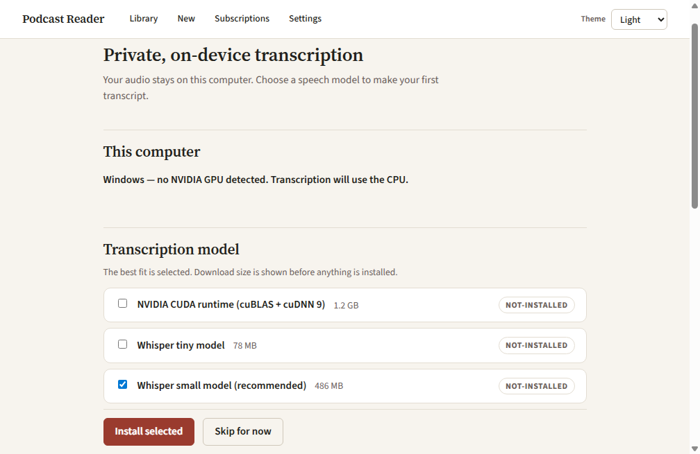 Podcast Reader's first-run setup showing detected Windows hardware and transcription-model download sizes