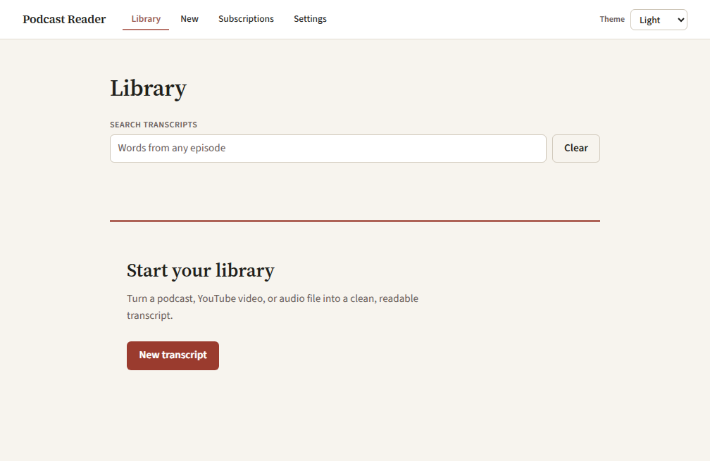Podcast Reader's empty Library view in the default Light theme, with transcript search and a New transcript button