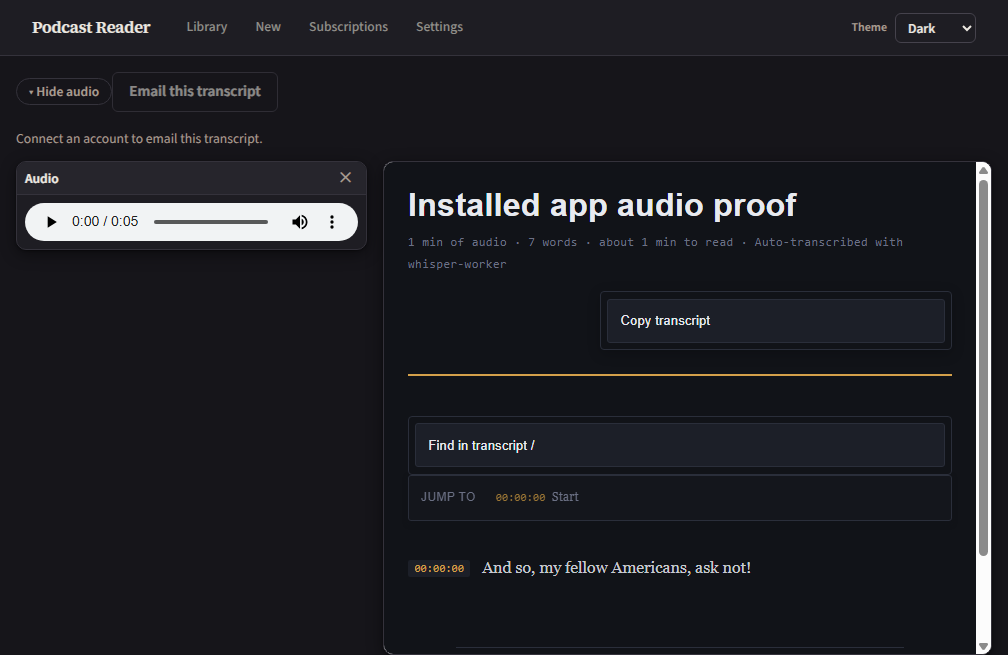 The same Podcast Reader transcript in the explicit Dark theme