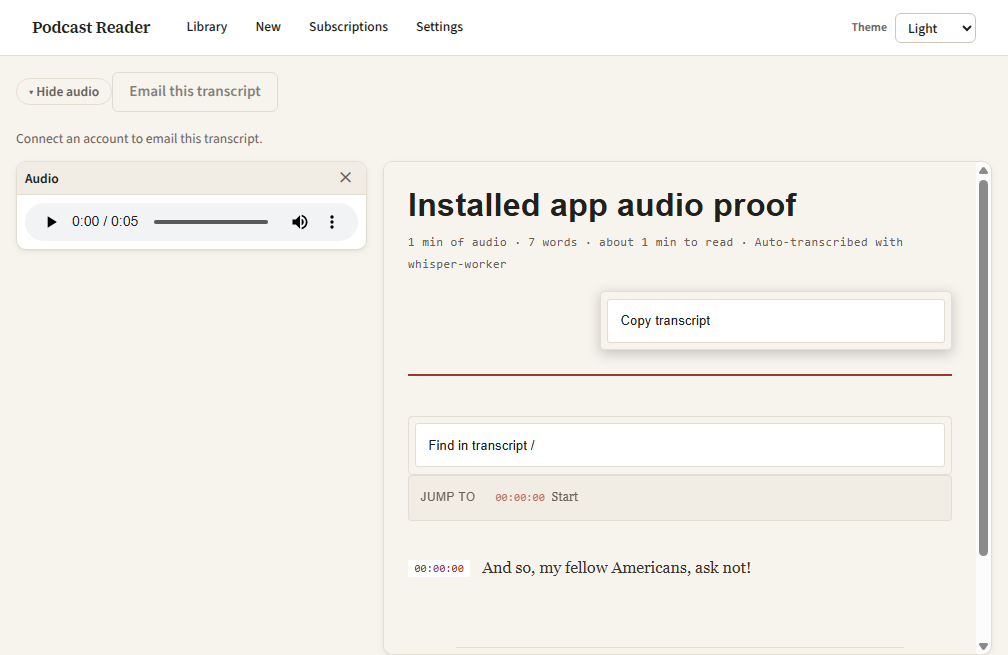 A light Podcast Reader transcript with audio controls, timestamp navigation, search, and copy controls