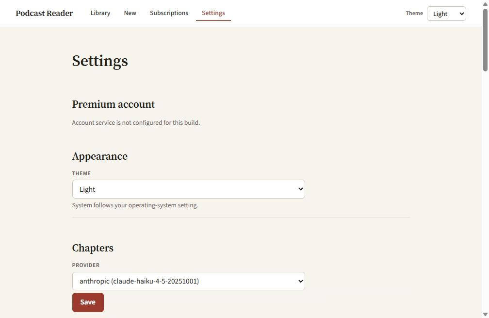Podcast Reader Settings in Light theme, with Light selected in the appearance control